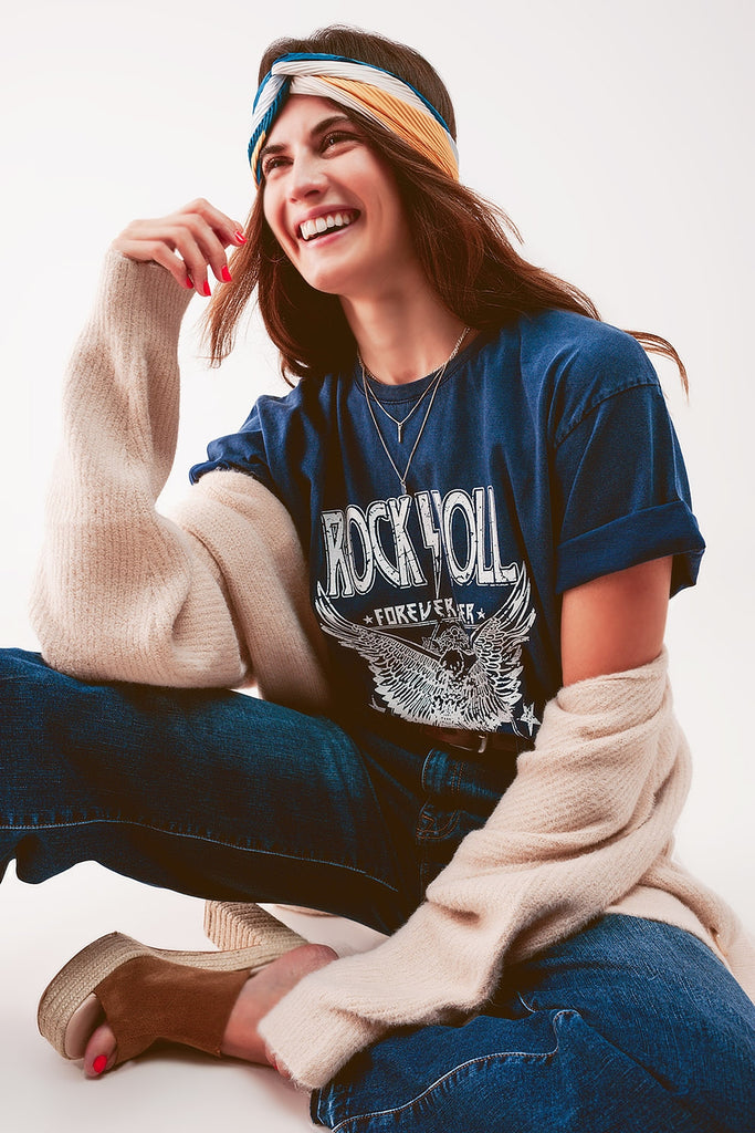 Q2 Rock n Roll graphic t shirt in blue