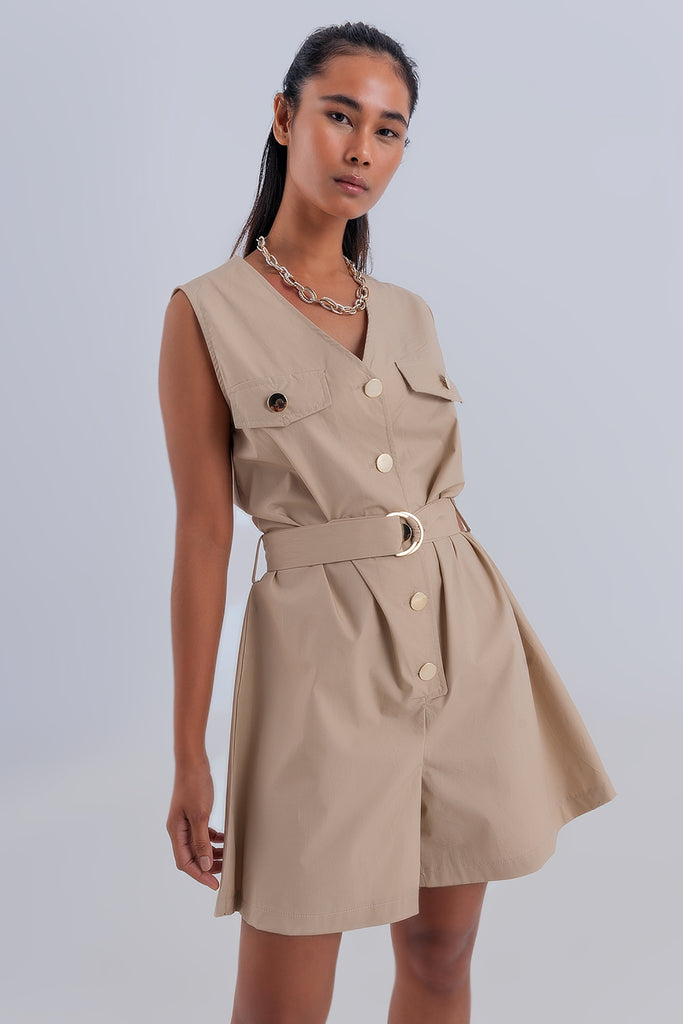 Q2 Sleeveless belted jumpsuit in beige