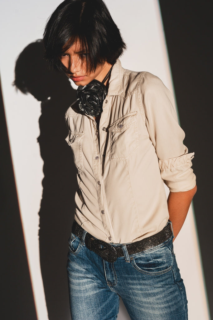 Q2 Slim denim shirt in beige