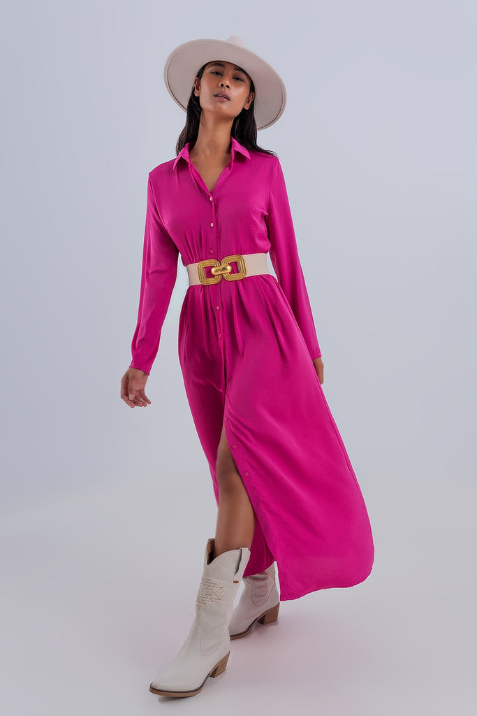 Q2 Slouchy plunge shirt maxi dress in hot fuchsia