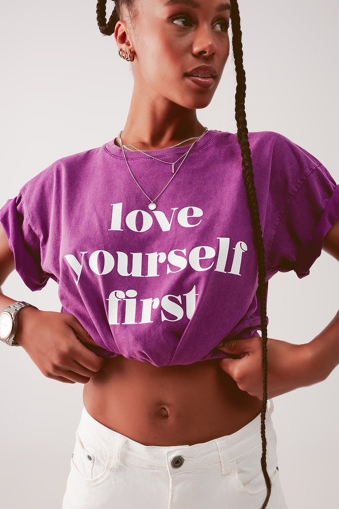 Q2 T shirt in purple with text print