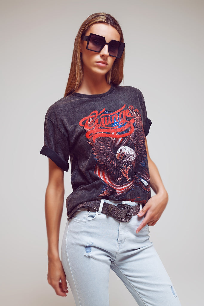 Q2 T-Shirt With Vintage All American Print In Grey Wash