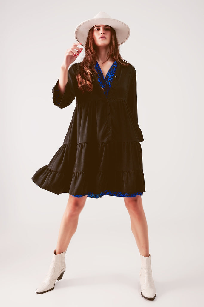 Q2 Tiered smock mini dress in black