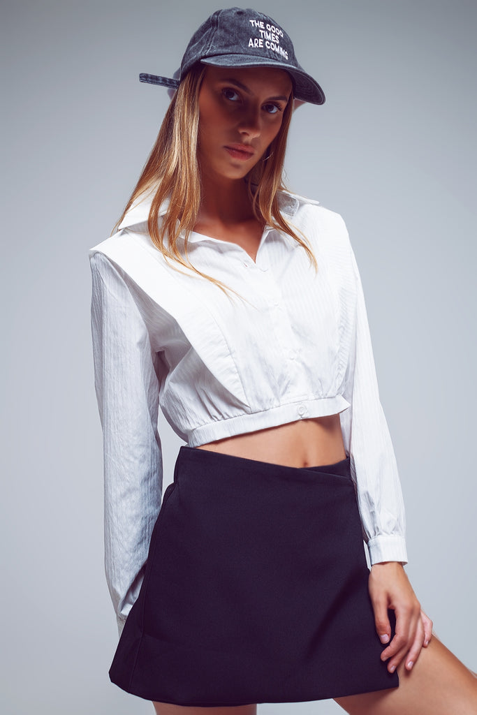 Q2 white striped poplin crop blouse