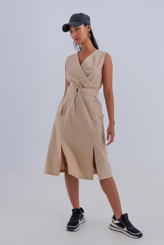 Q2 Wrap dress with tie waist detail in beige